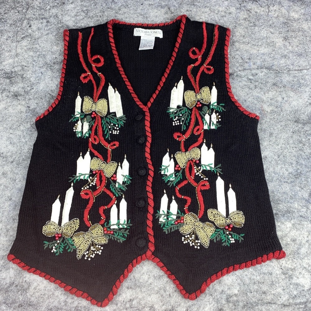 Vintage Victoria Jones‎ Women's PM Red Embroidered Holiday Candles Cardigan Vest